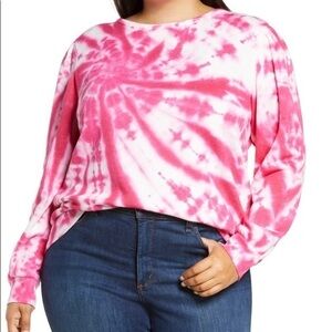 EUC Halogen Puff Sleeve Sweatshirt in Neon Pink Tie Dye